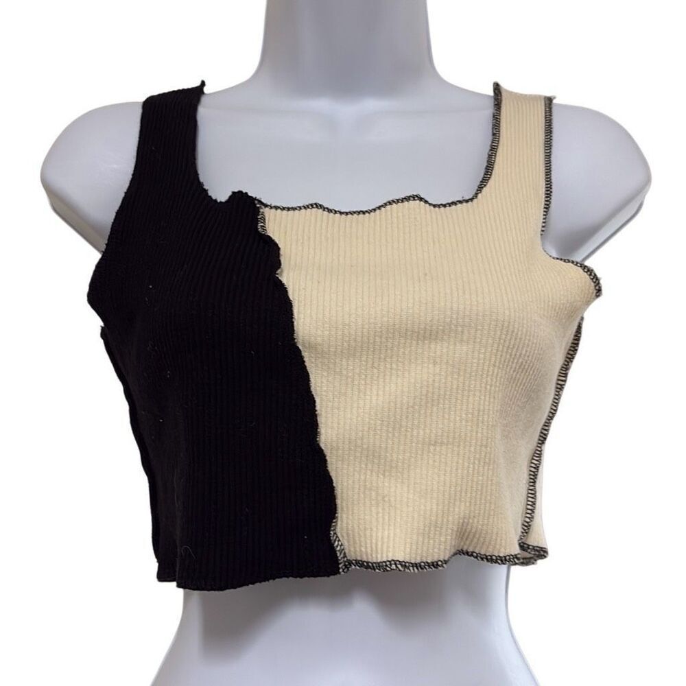 Storets S/M Black White Asymmetrical‎ Colorblock Distressed Ribbed Crop Top